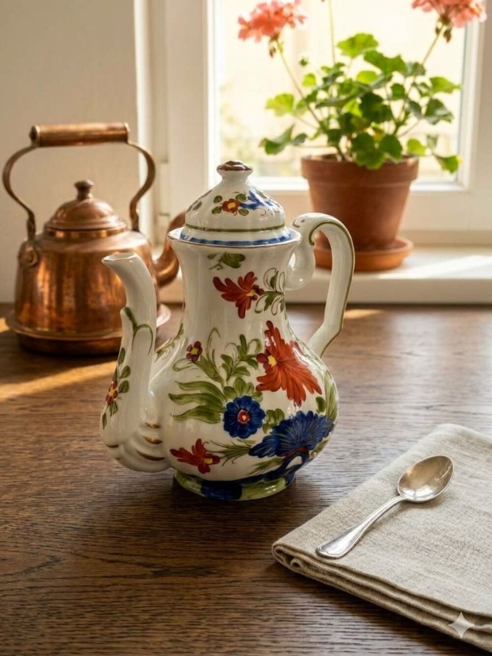 Vintage Country Festival Hand Painted Porcelain Teapot with Lid Floral 1970s